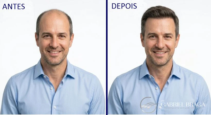Resultado transplante capilar FUE Goiânia — antes e depois hairline frontal, resultado natural Dr. Gabriel Braga