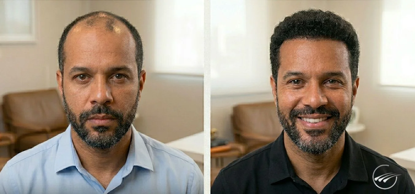 Antes e Depois Transplante Capilar FUE — Dr. Gabriel Braga Goiânia